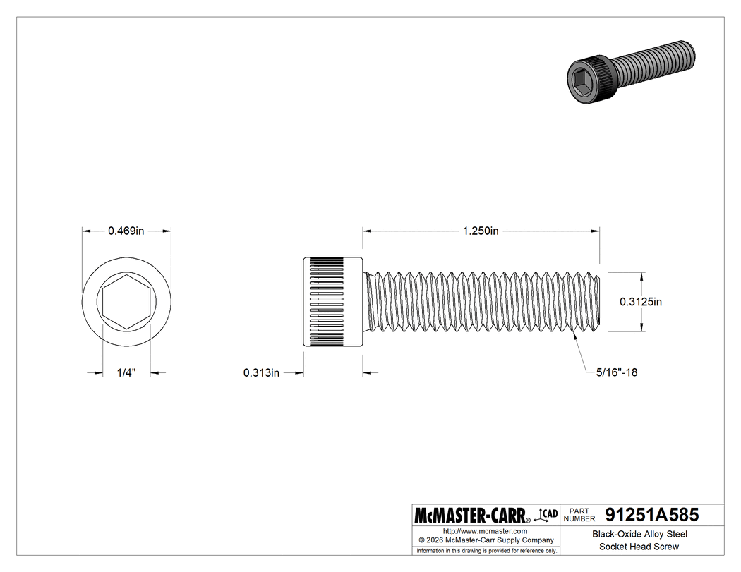 Technical Drawing of Black-Oxide Alloy Steel Socket Head Screw, 5/16"-18 Thread Size, 1-1/4" Long.